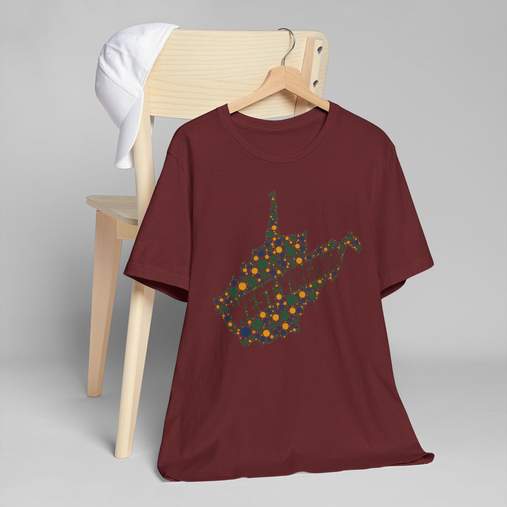 Maroon West Virginia floral map graphic T-shirt with dotted state outline on front