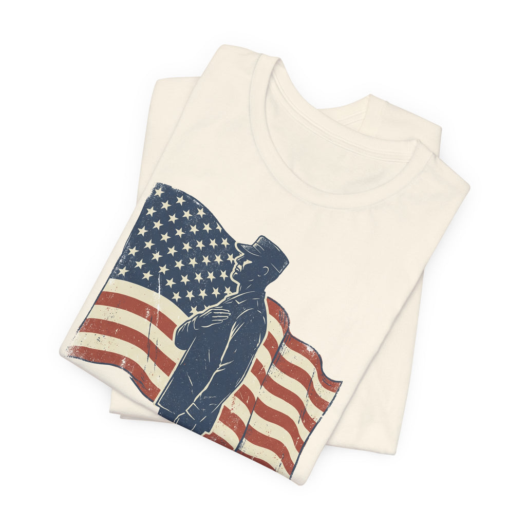 Off-white T-shirt with saluting soldier graphic and American flag design on front