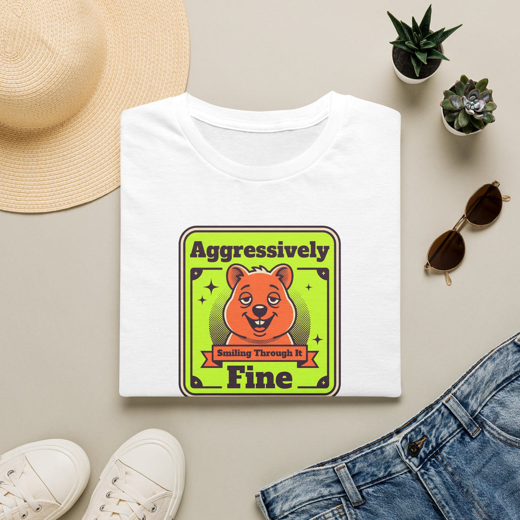 White T-shirt with neon-style cartoon bear graphic and green-yellow text on front
