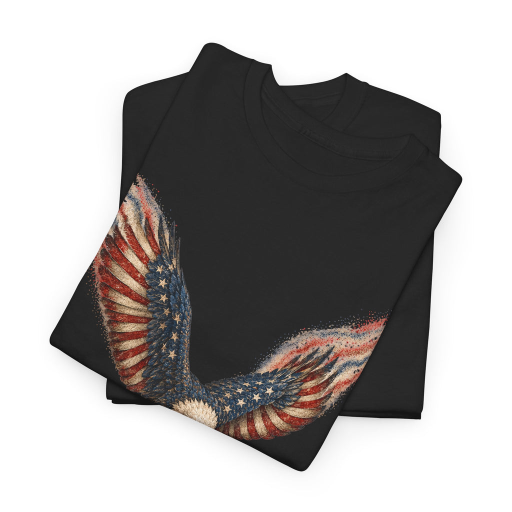 Black crew-neck t-shirt with American flag eagle wing graphic on front.