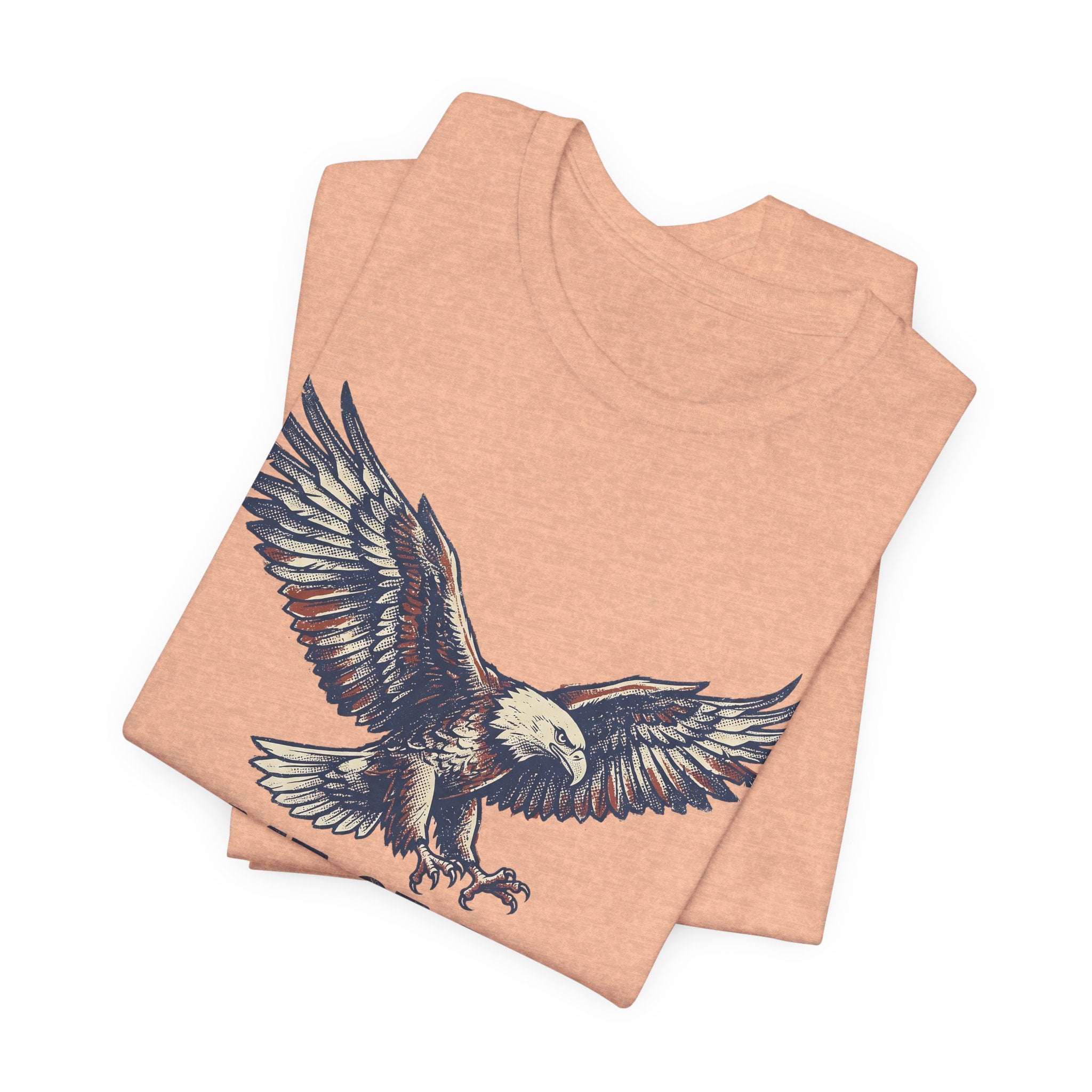 Heather peach crew-neck T-shirt with flying bald eagle graphic (back view)