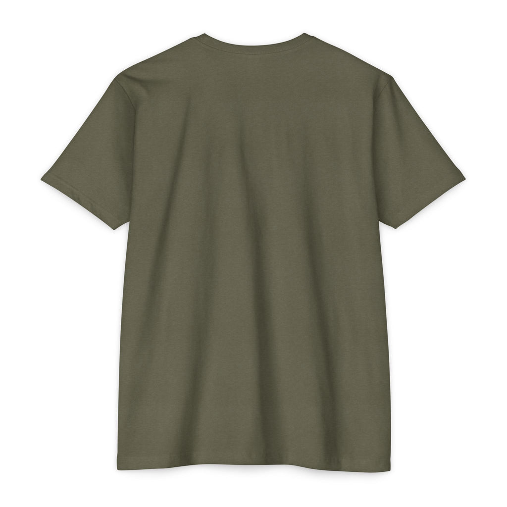 Olive crewneck T-shirt, short sleeves, plain front view.