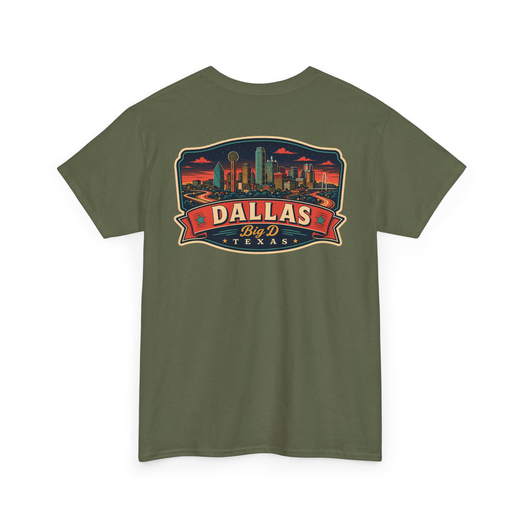 Military green crewneck T-shirt with Dallas skyline luggage tag graphic on chest