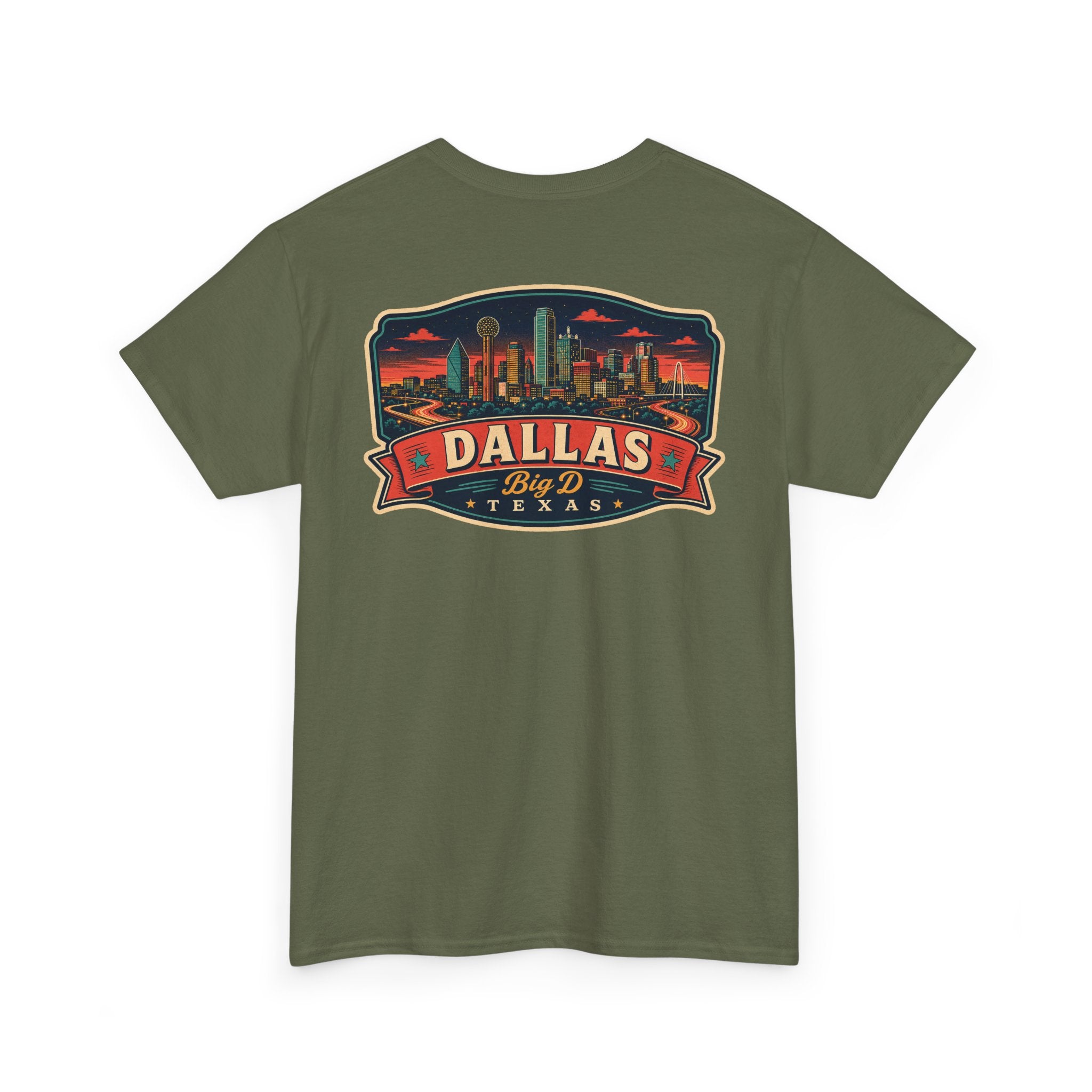 Military green crewneck T-shirt with Dallas skyline luggage tag graphic on chest
