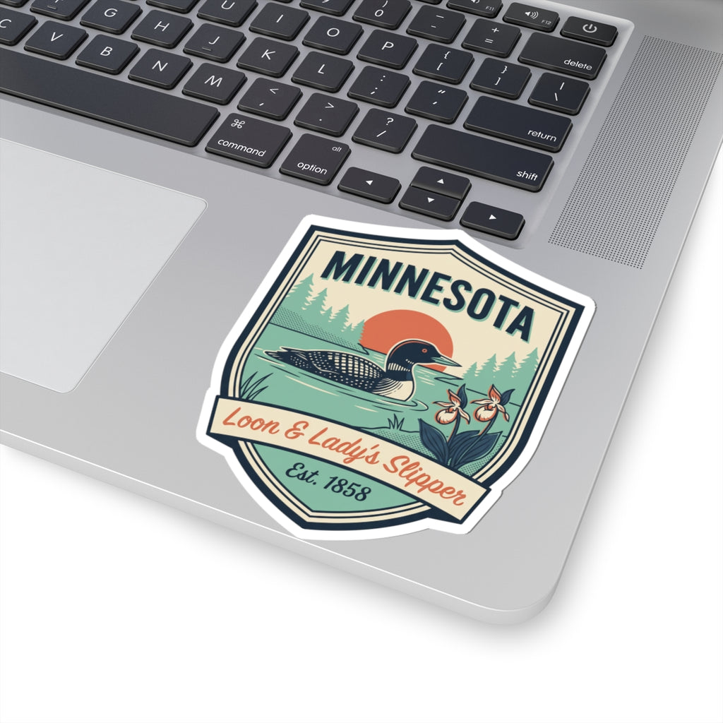 Die-cut Minnesota decal sticker with loon illustration, lady's slipper flowers, Est. 1858