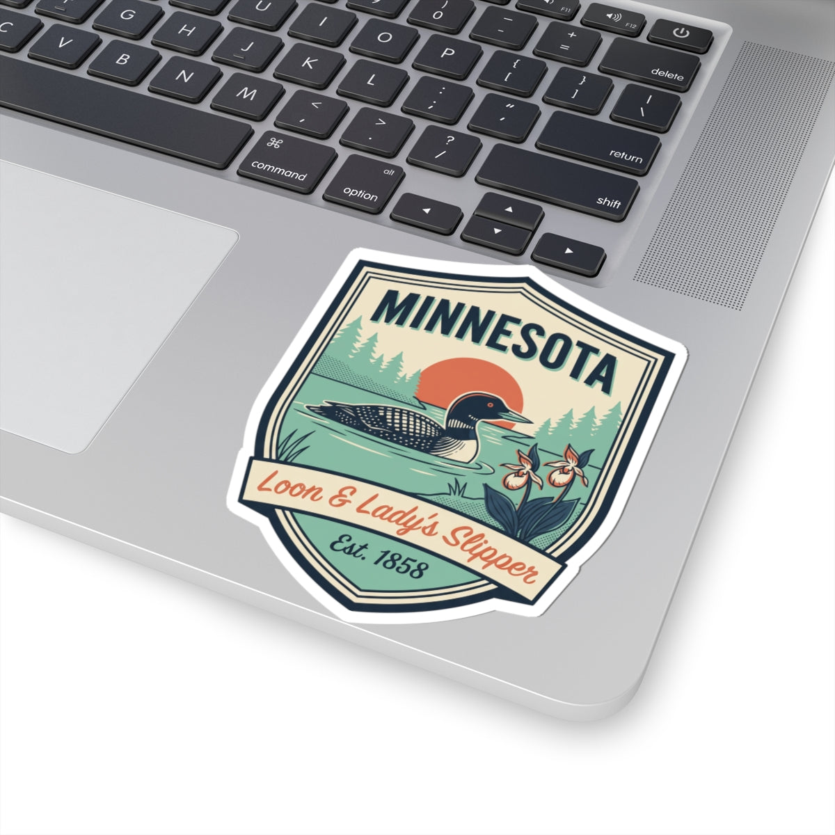 Die-cut Minnesota decal sticker with loon illustration, lady's slipper flowers, Est. 1858