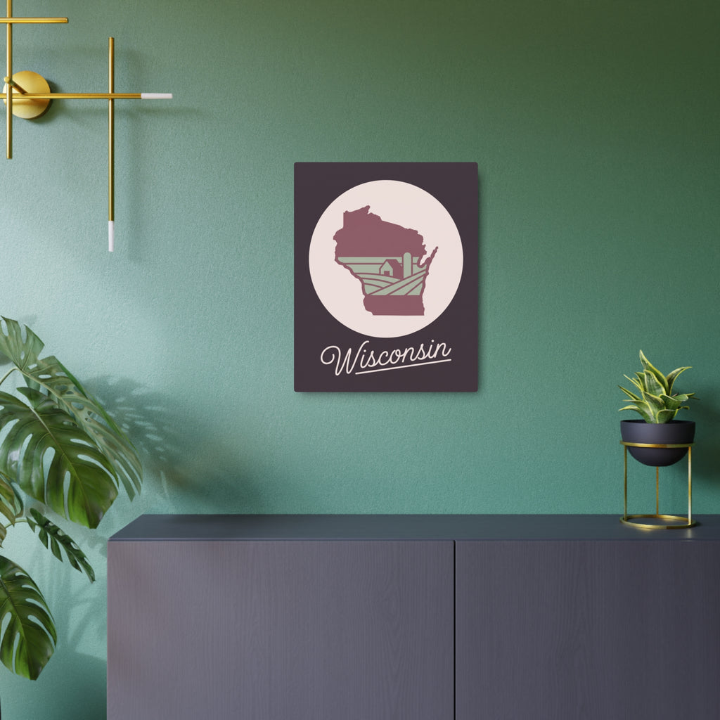 Maroon metal wall art sign featuring circular Wisconsin outline and cursive Wisconsin text