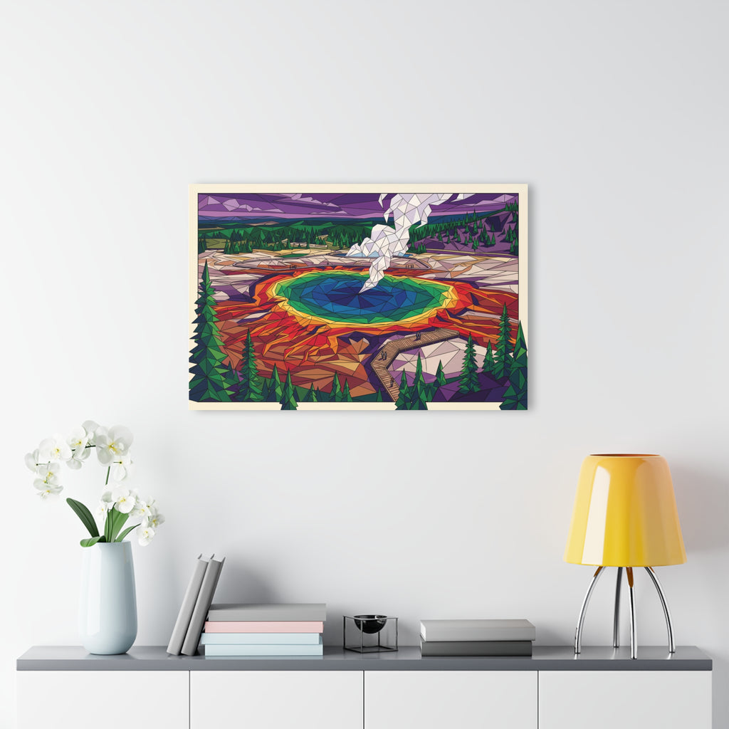 Framed geometric abstract landscape acrylic print with vibrant rainbow pool and forest