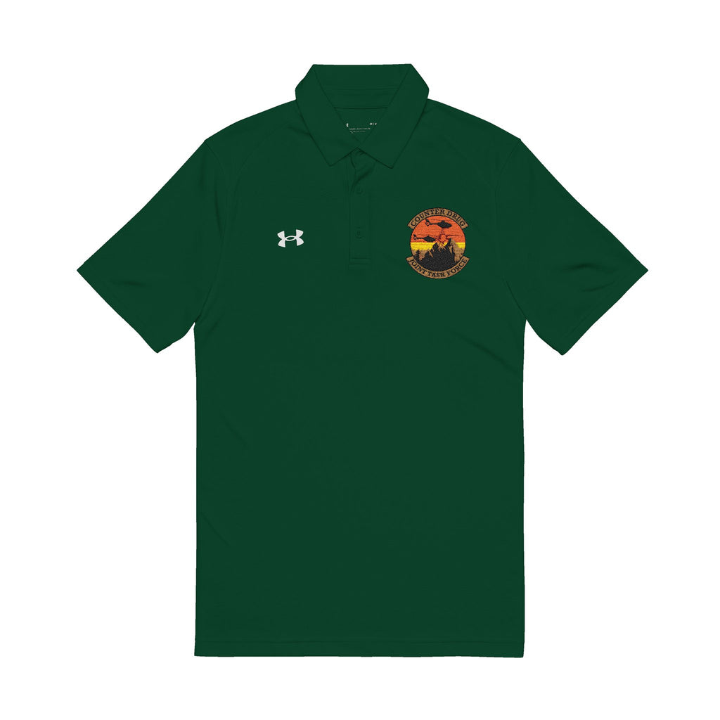 Forest green men’s performance polo shirt with embroidered crest and UA logo at chest