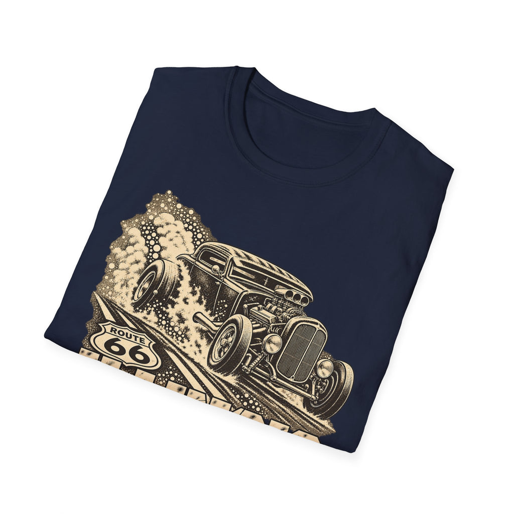 Navy t-shirt with vintage Route 66 car graphic on the front