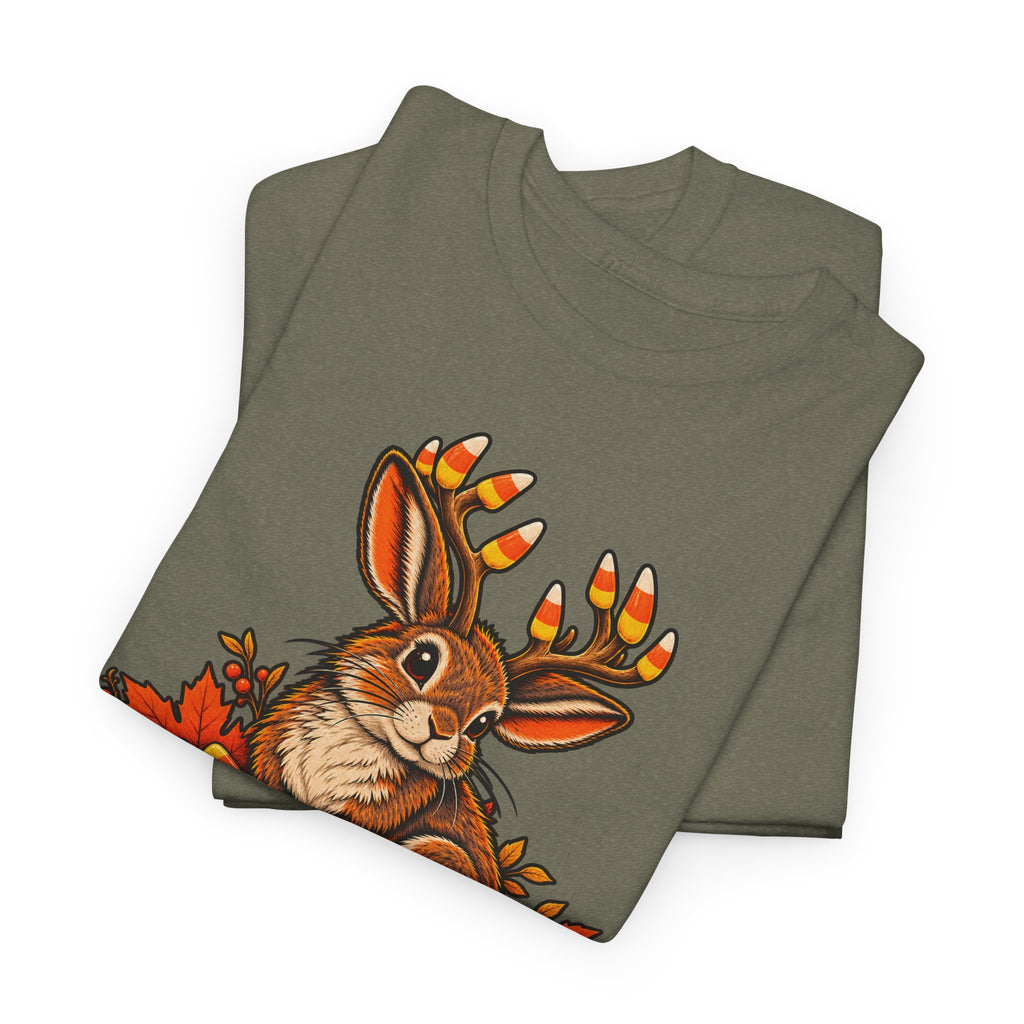 Olive green crewneck T-shirt with jackalope face and candy corn antlers graphic