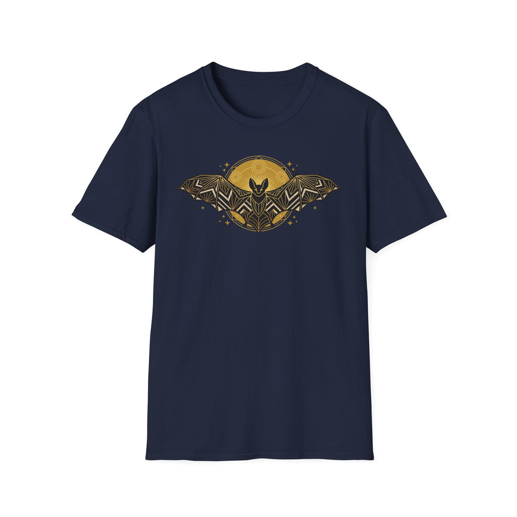 Navy bat T-shirt with yellow moon and geometric bat graphic