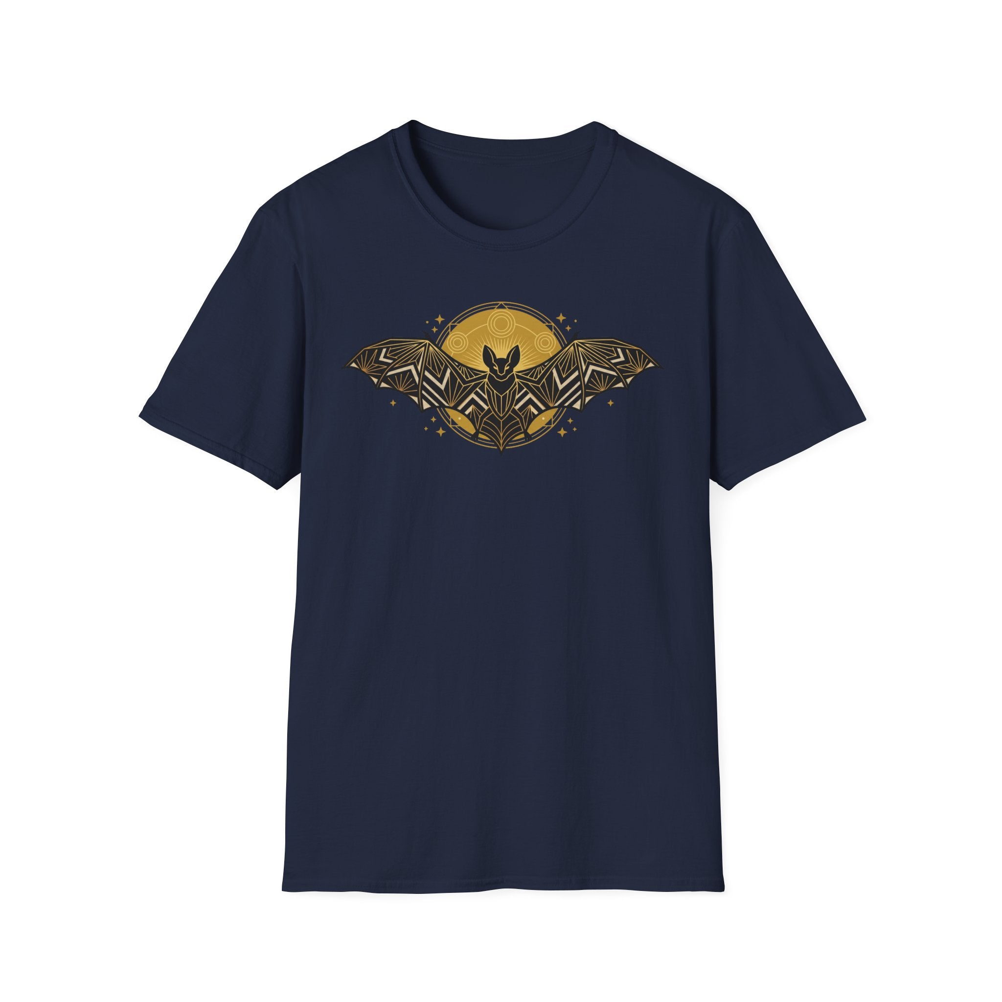 Navy bat T-shirt with yellow moon and geometric bat graphic