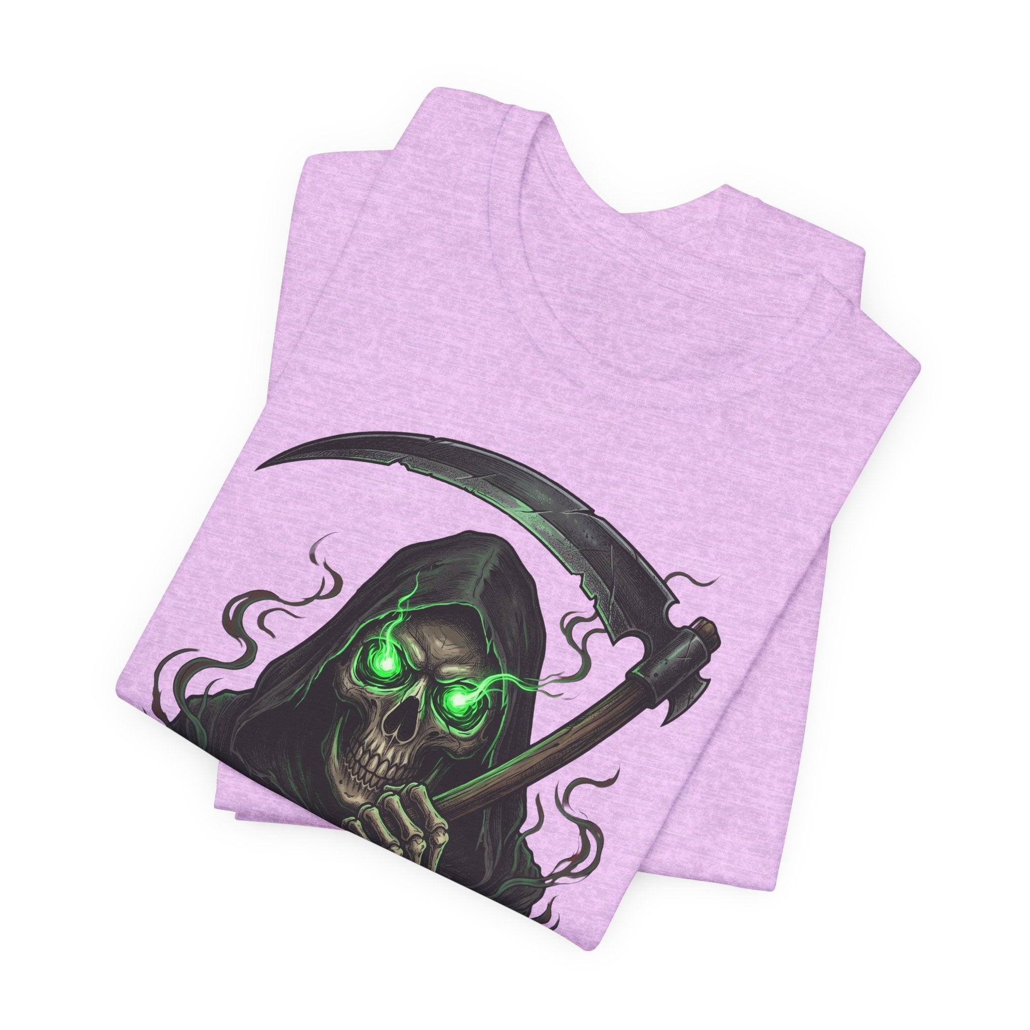 Heather Prism Lilac T-shirt with green-eyed grim reaper skull and scythe graphic on back