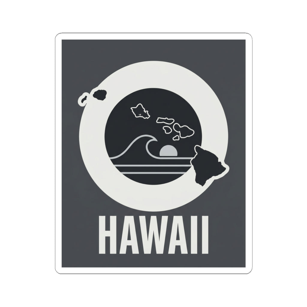 Square kiss-cut sticker with black wave graphic, island silhouette, and HAWAII text