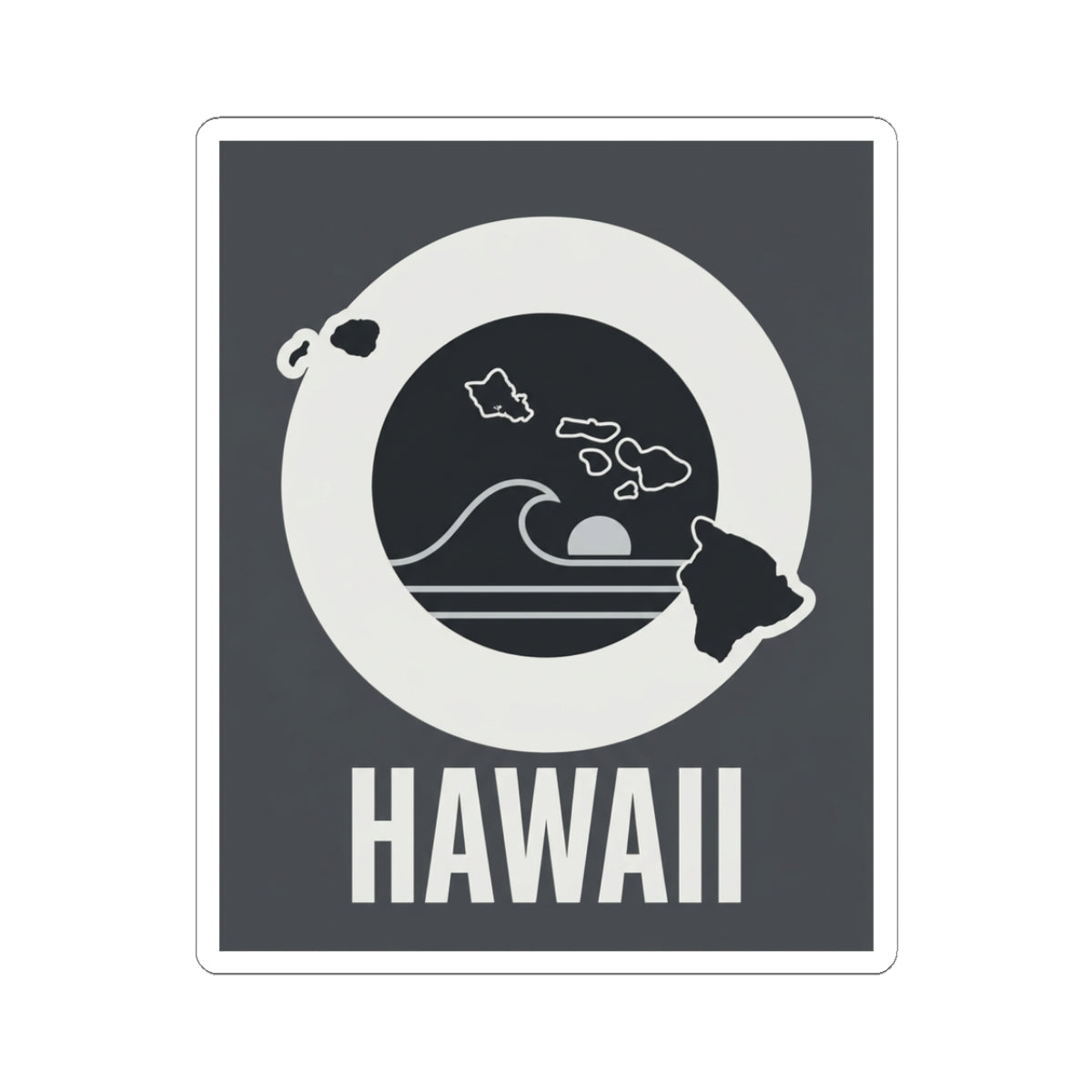Square kiss-cut sticker with black wave graphic, island silhouette, and HAWAII text