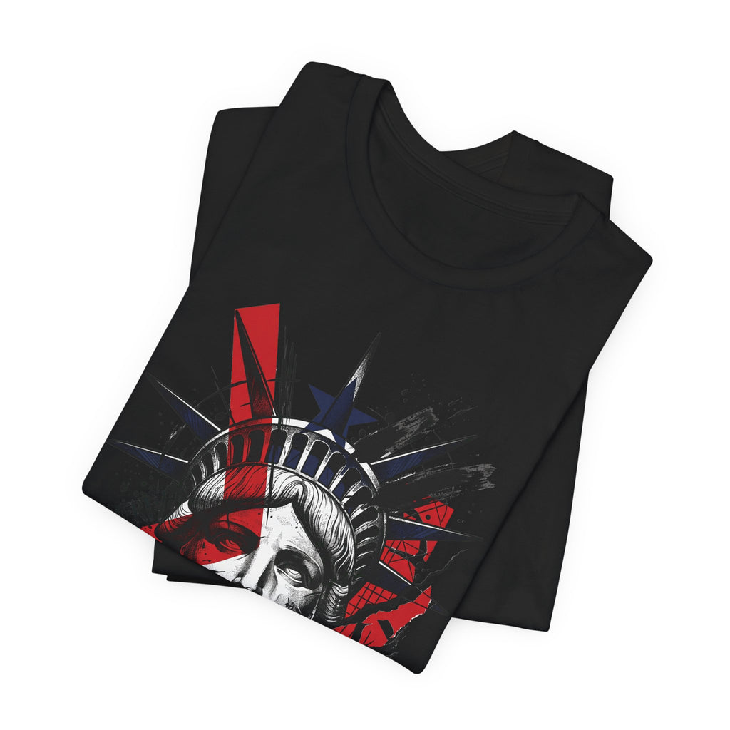 Black graphic T-shirt with Statue of Liberty portrait print in red, black, and gray