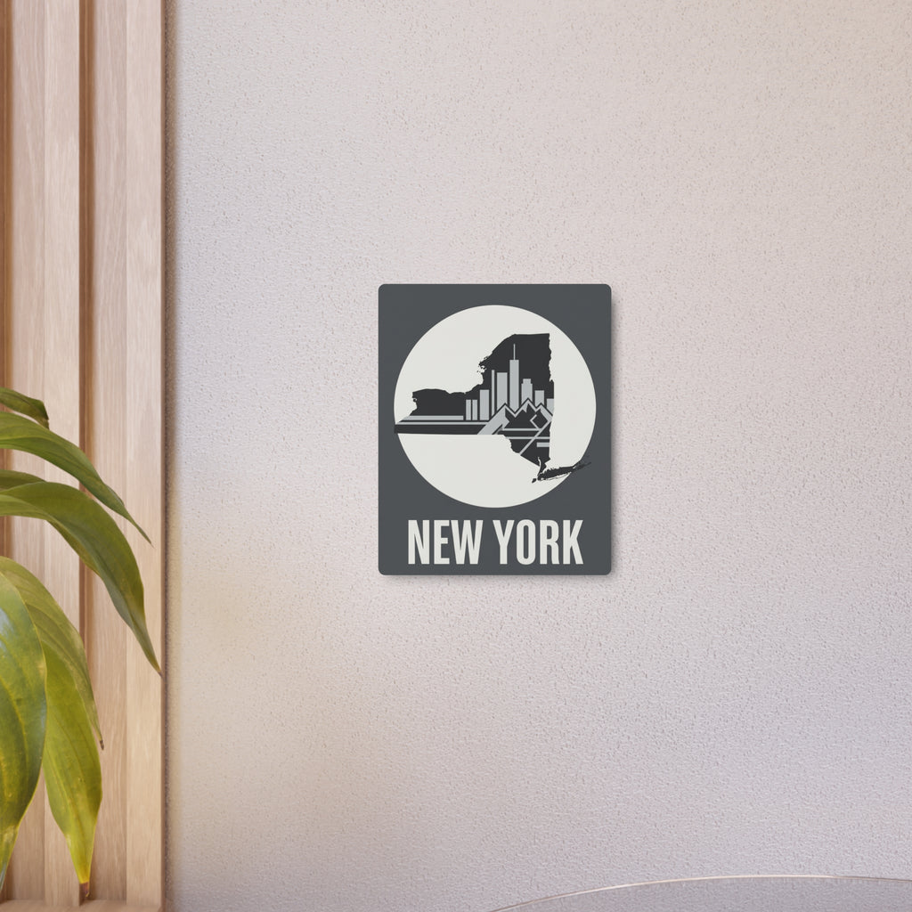 Small dark gray square metal art sign with New York skyline circle graphic and “NEW YORK”