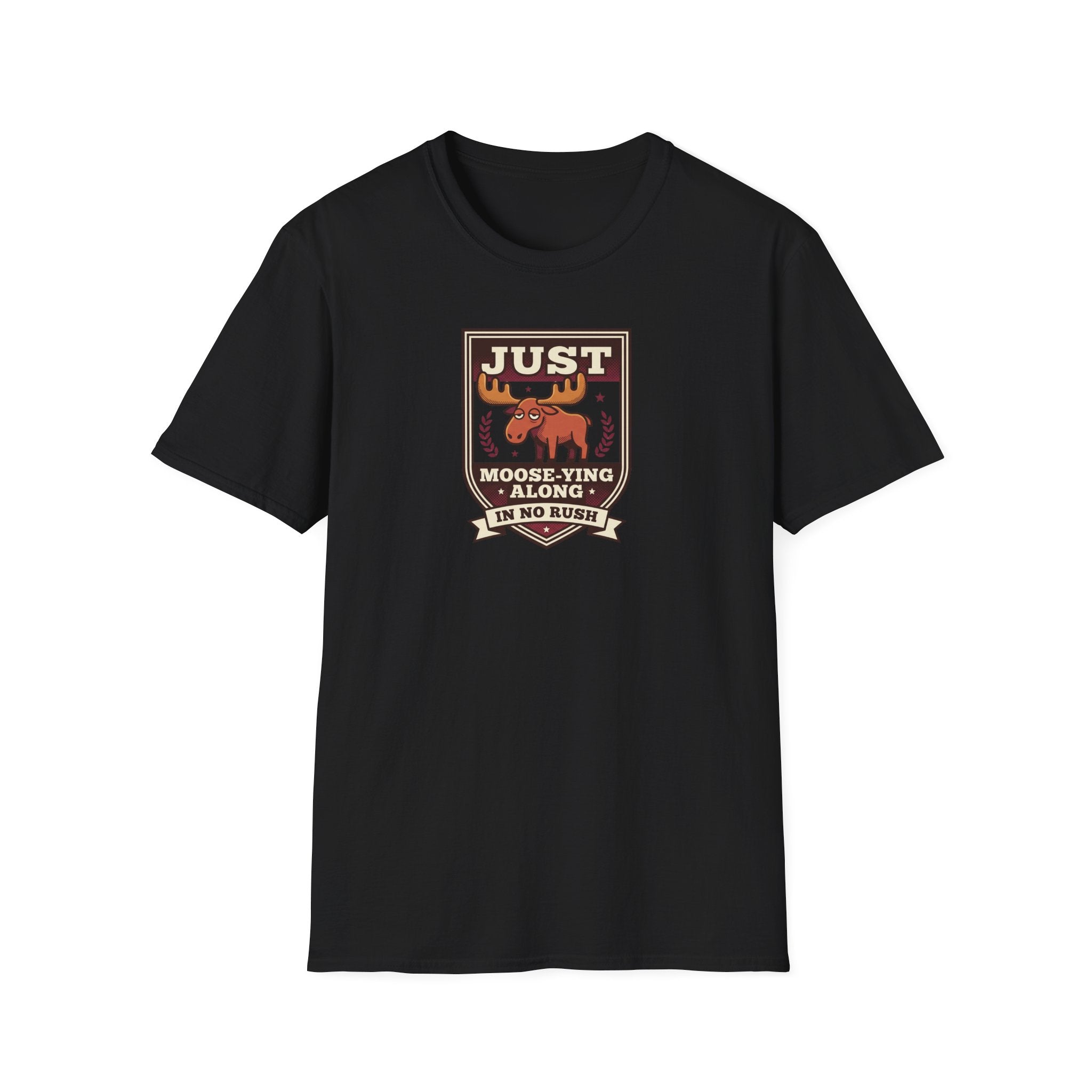 Black crew-neck T-shirt with centered moose graphic badge on chest