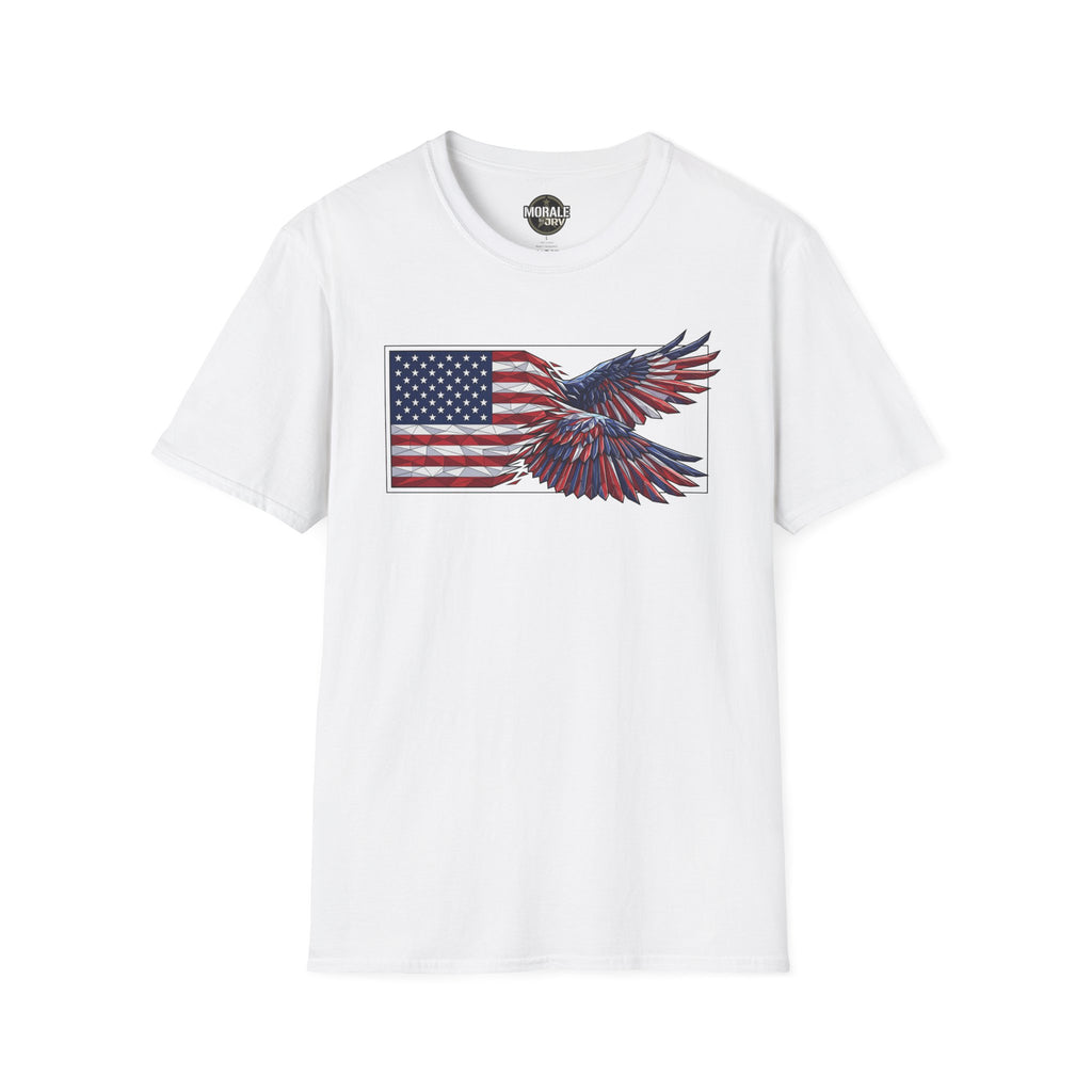 Patriotic eagle flag graphic T-shirt, white with blue and red winged eagle