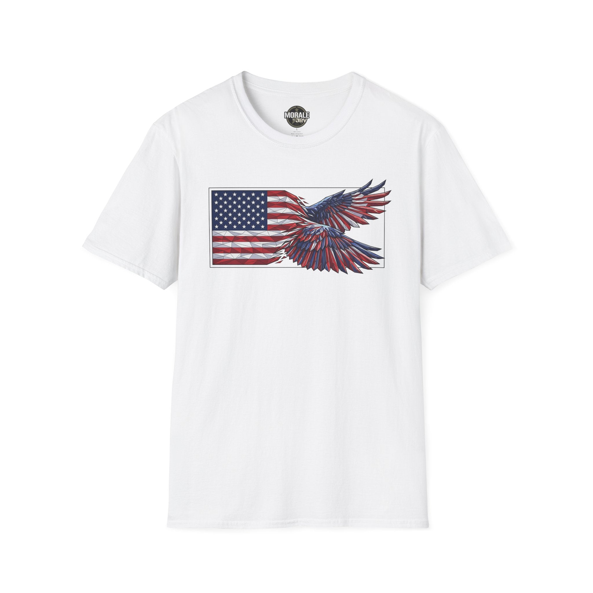 Patriotic eagle flag graphic T-shirt, white with blue and red winged eagle