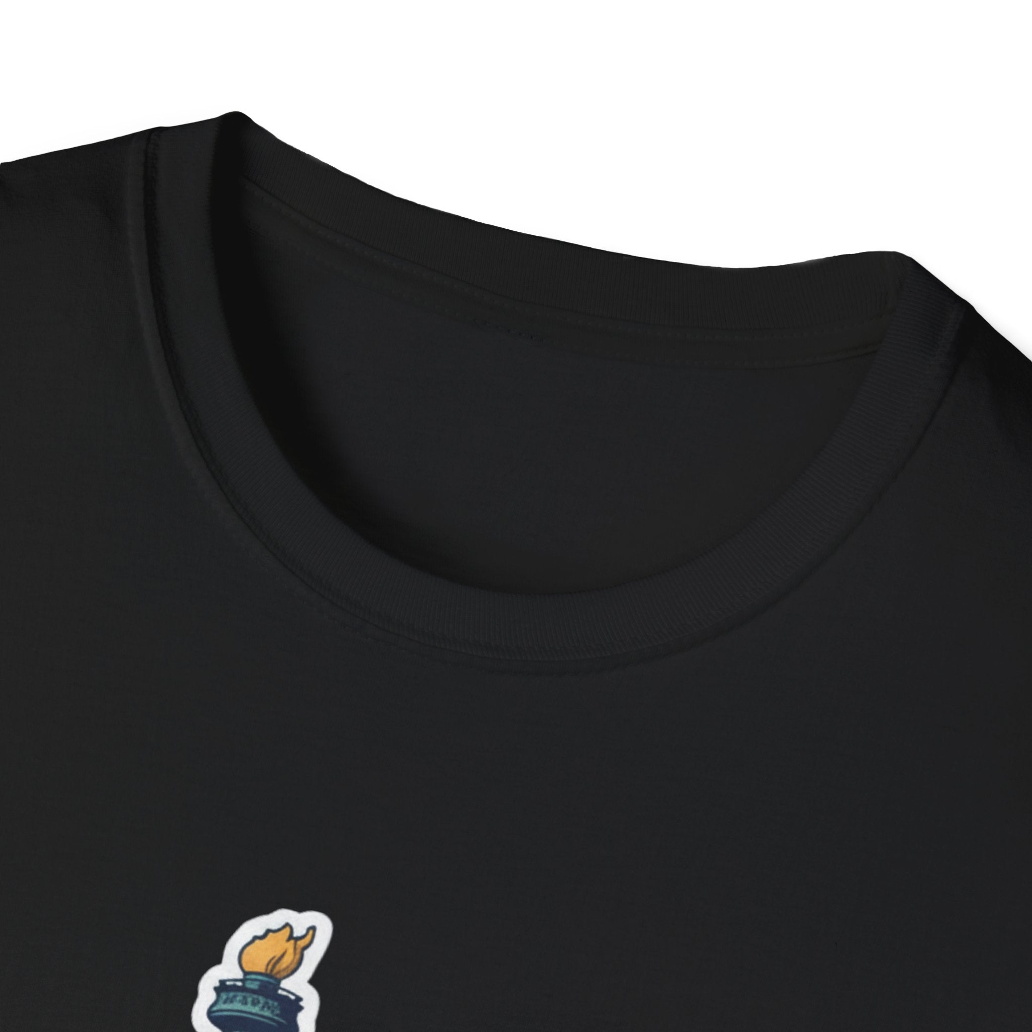 Black T-shirt neckline with partial graphic patch detail