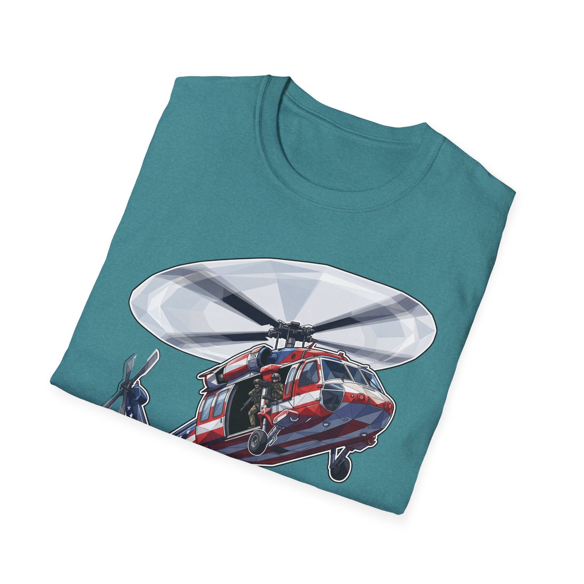 Teal heather T-shirt with rescue helicopter graphic and American flag details