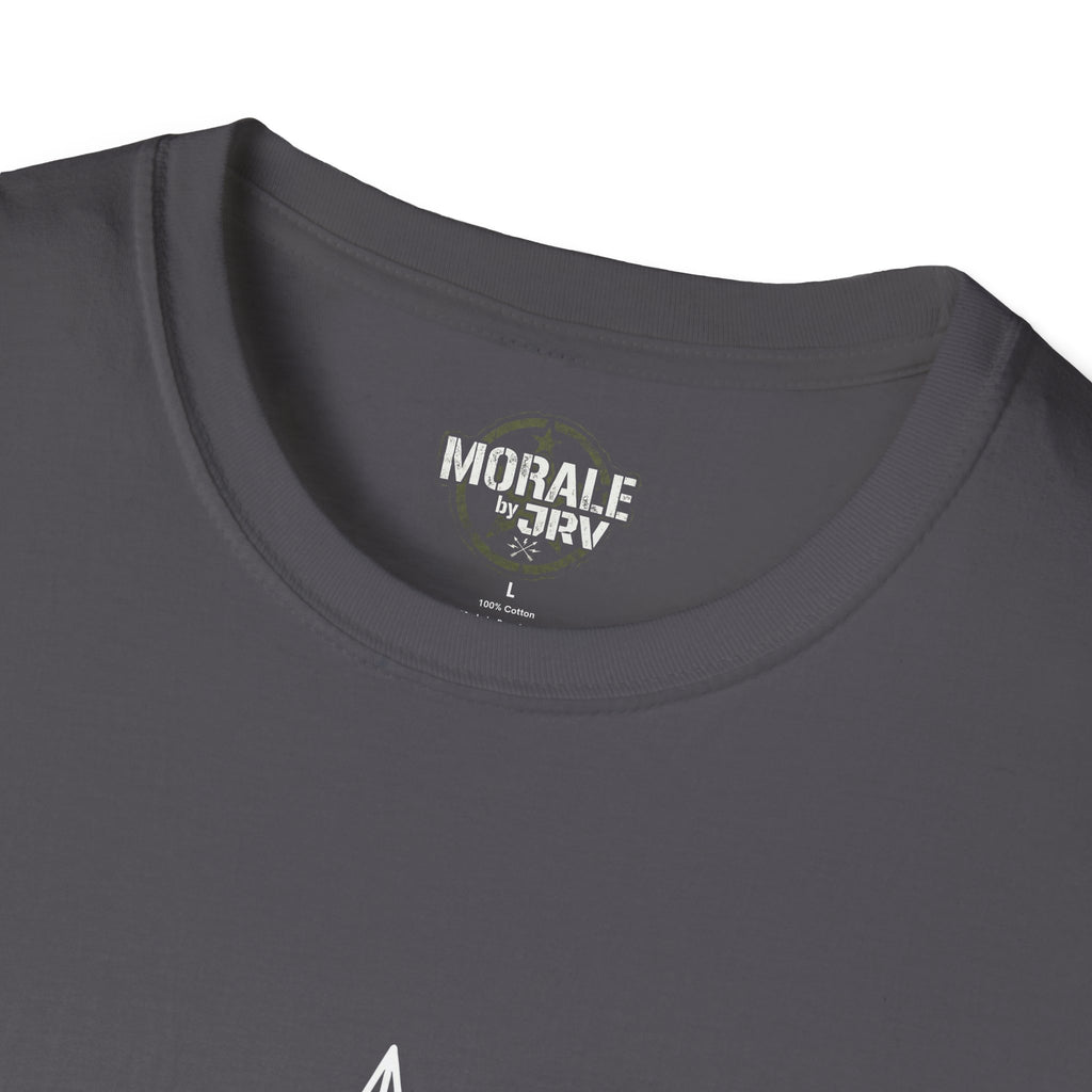 Charcoal T-shirt close-up: crew neck collar shows “MORALE by TRJ” logo