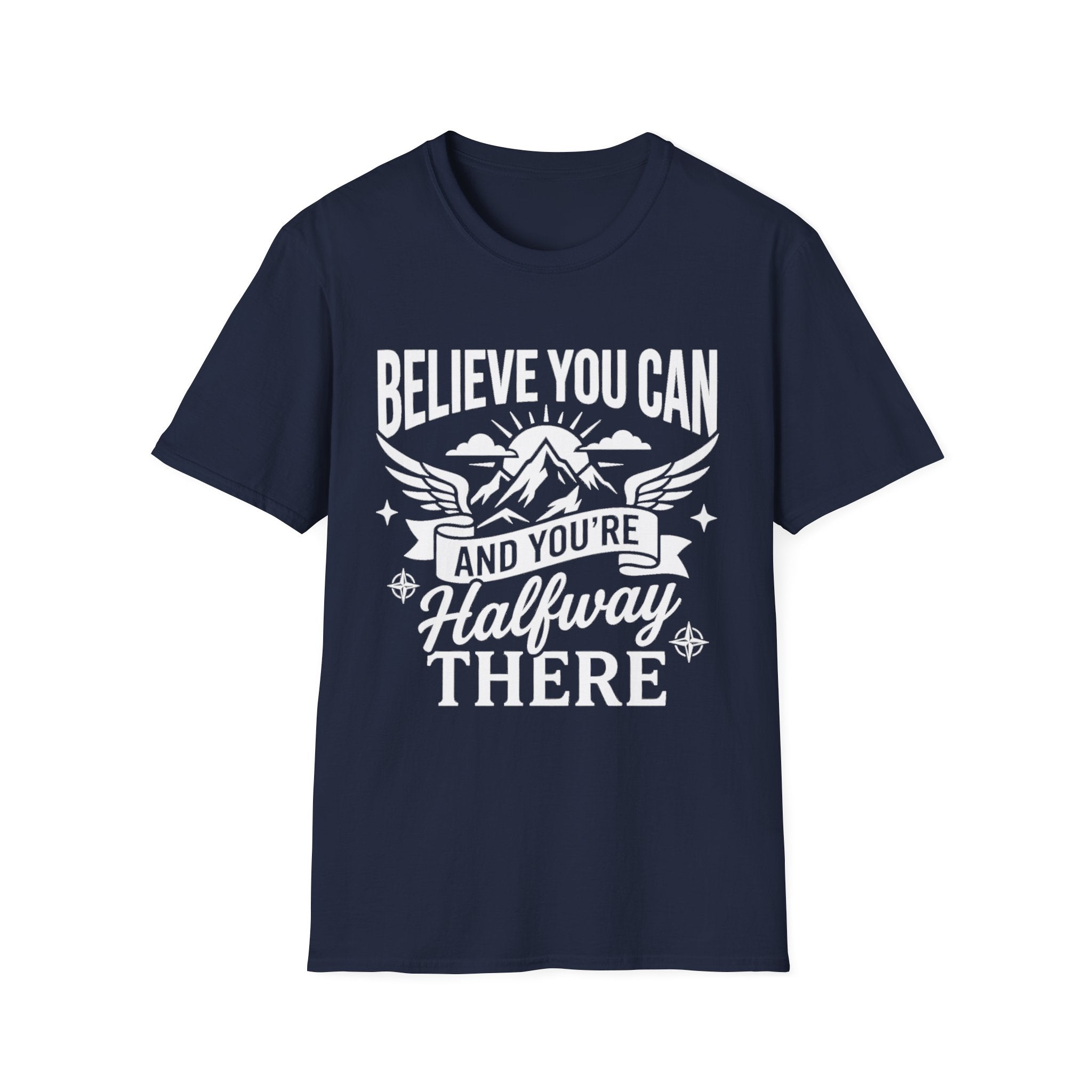 Navy t-shirt with “Believe You Can” mountain hiking quote graphic on front
