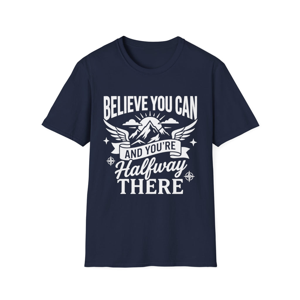 Navy T-shirt with “Believe You Can” mountain-and-wings typography print