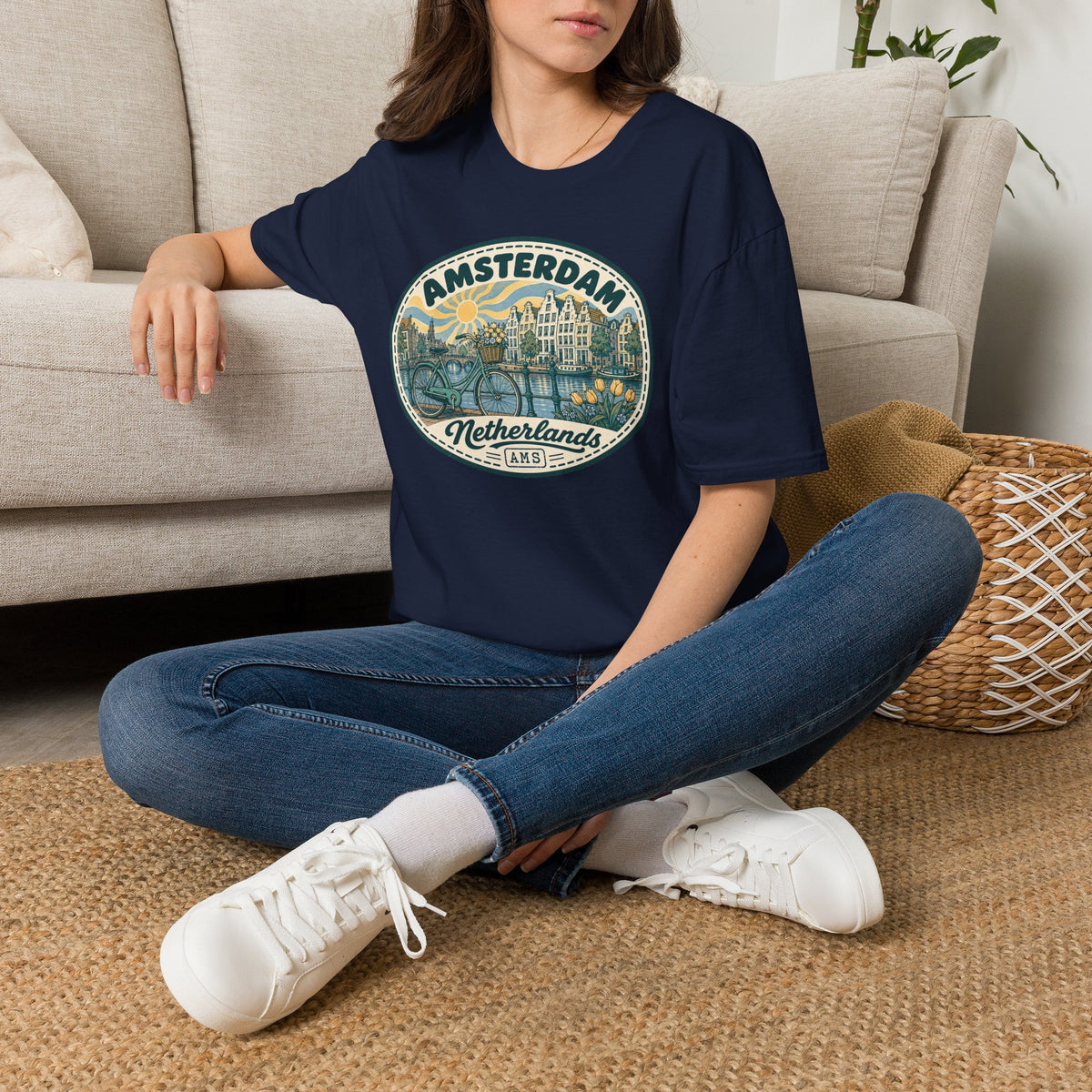 Amsterdam Vintage Cityscape T-Shirt | Netherlands Bicycle Canal Tulips