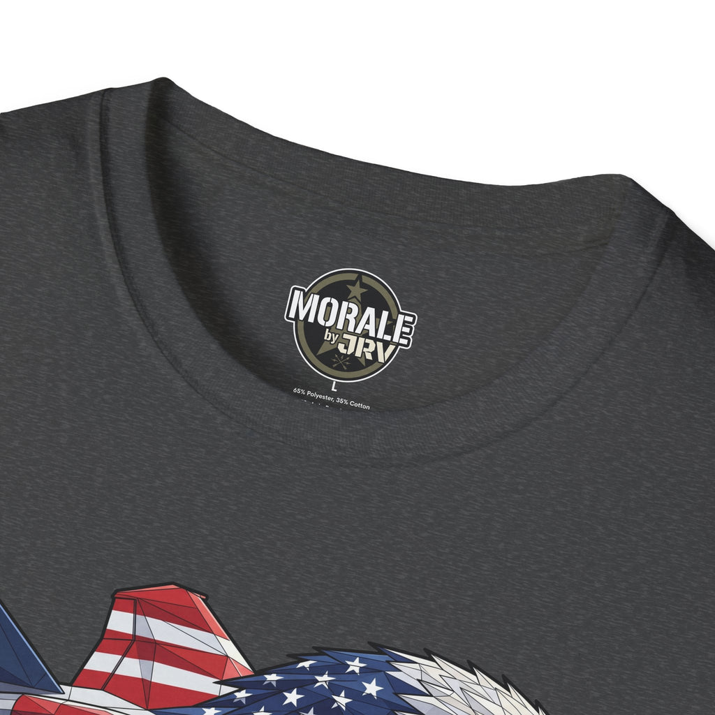 Dark heather T-shirt neckline with small “Morale” logo