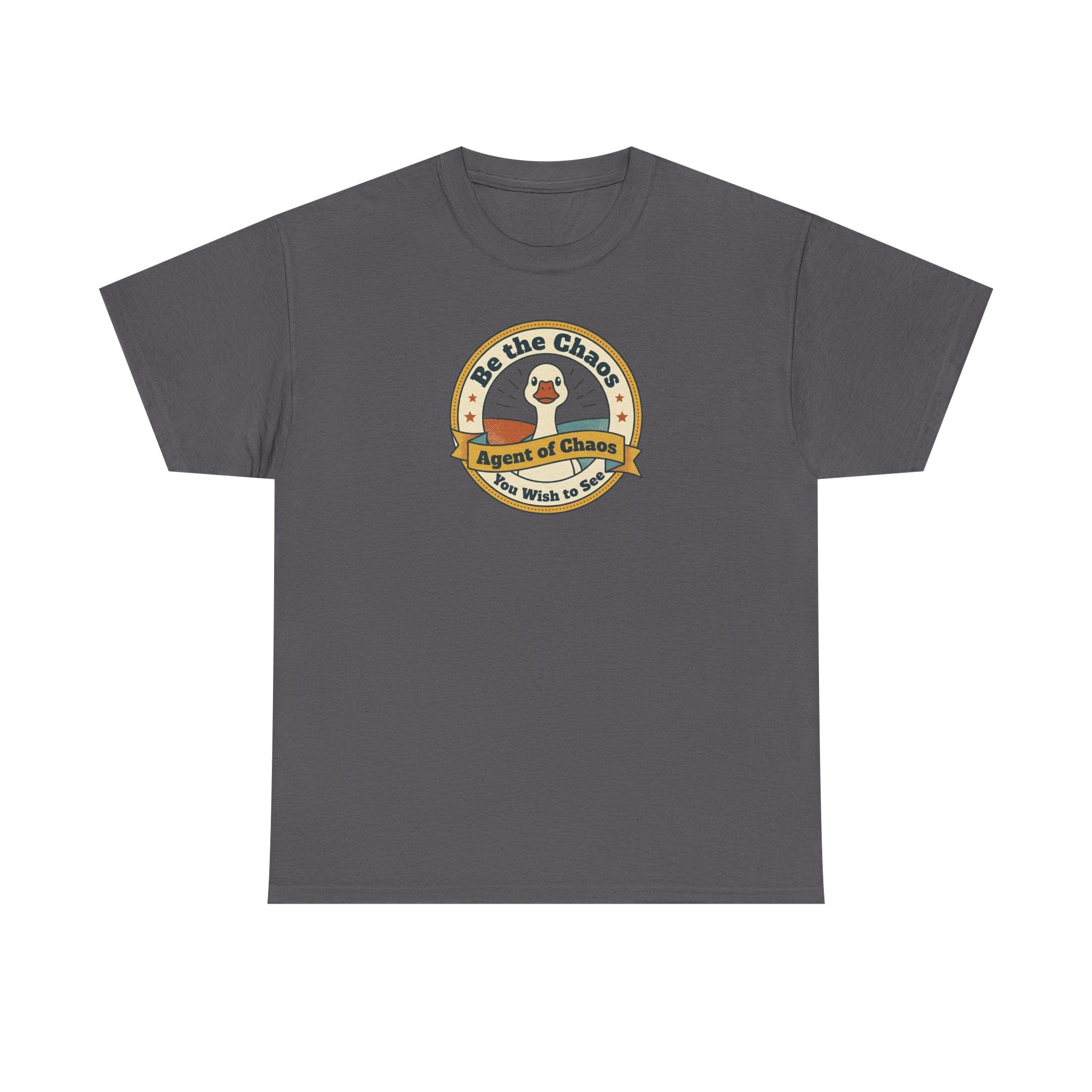 Charcoal gray crew-neck T-shirt with circular duck emblem graphic on the chest