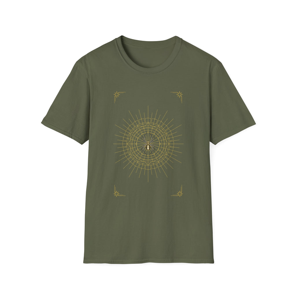 Olive green crewneck T-shirt featuring a spider mandala web graphic