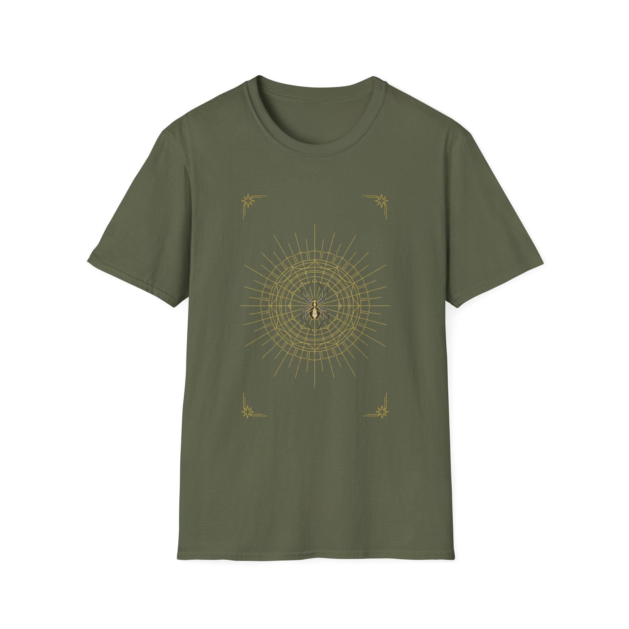 Olive green crewneck T-shirt featuring a spider mandala web graphic