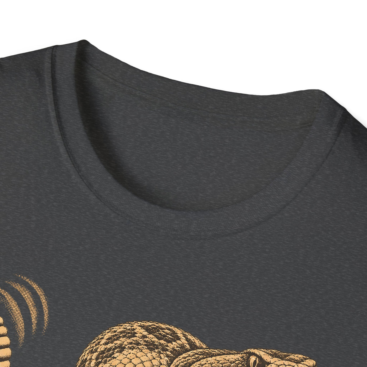 Charcoal gray T-shirt close-up, crew neckline with partial desert snake artwork.