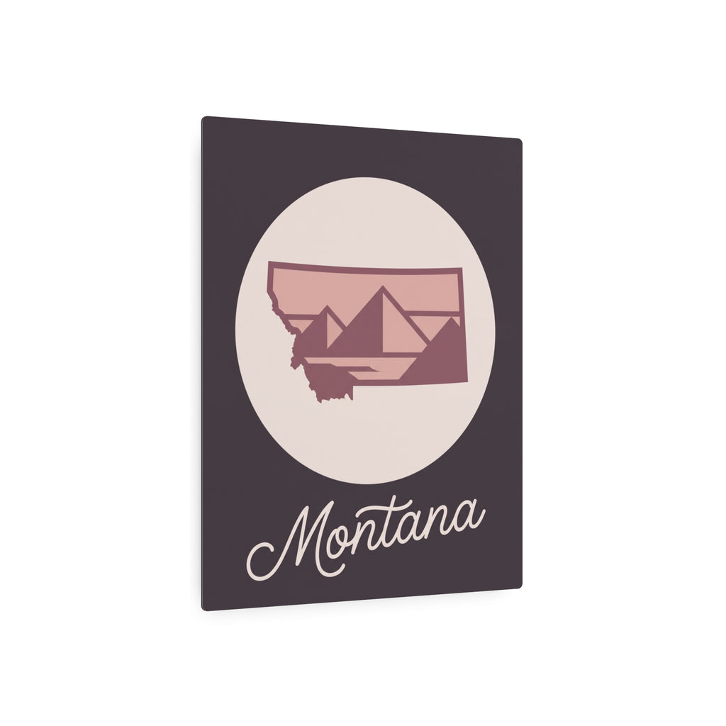 Mauve Montana silhouette metal wall art with cursive Montana, dark square plaque