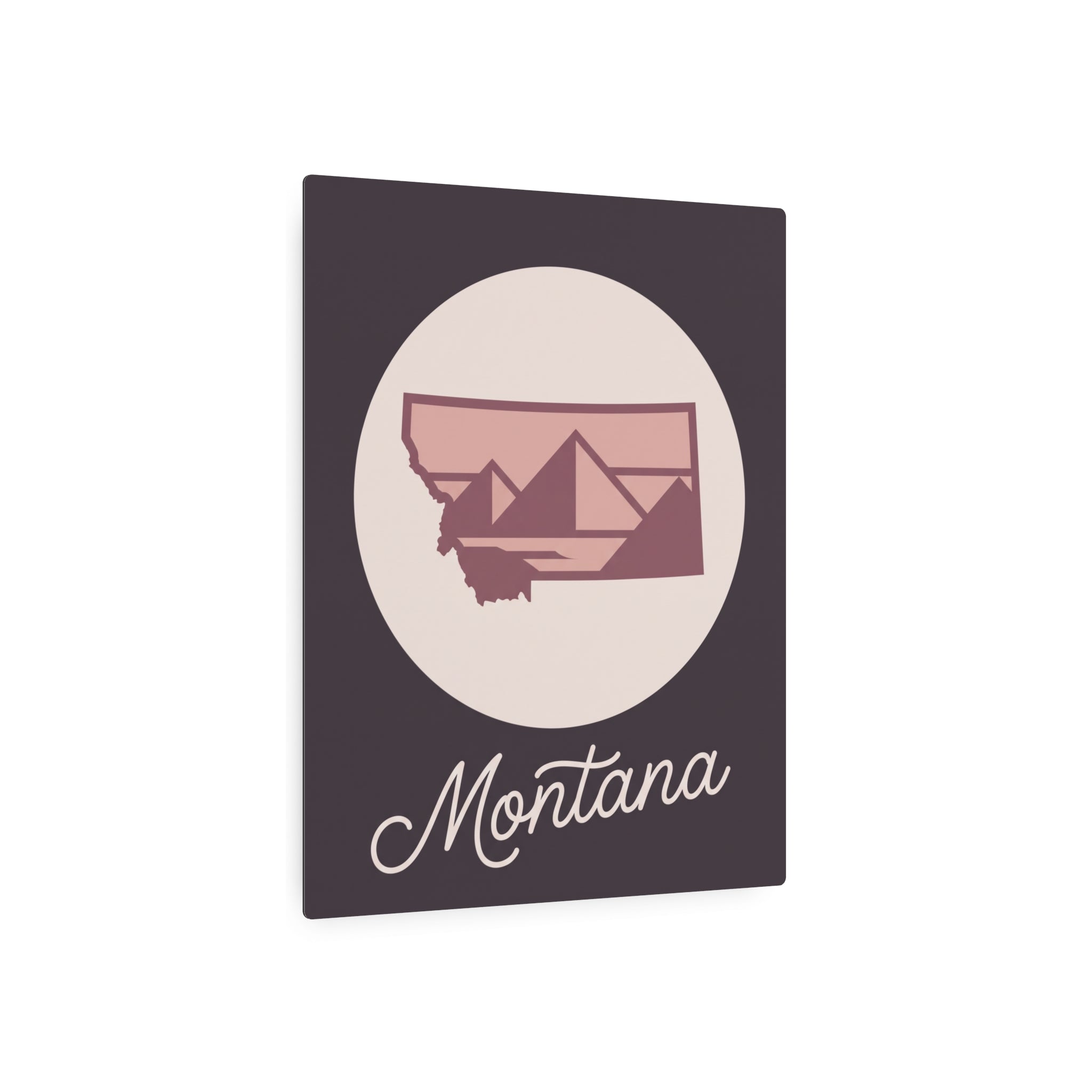 Mauve Montana silhouette metal wall art with cursive Montana, dark square plaque