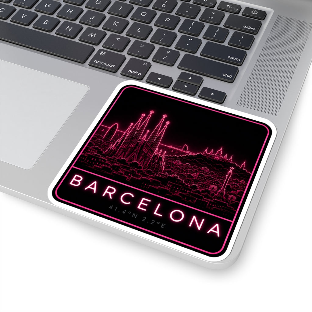 Neon Barcelona skyline vinyl decal on laptop, pink skyline illustration and “BARCELONA”