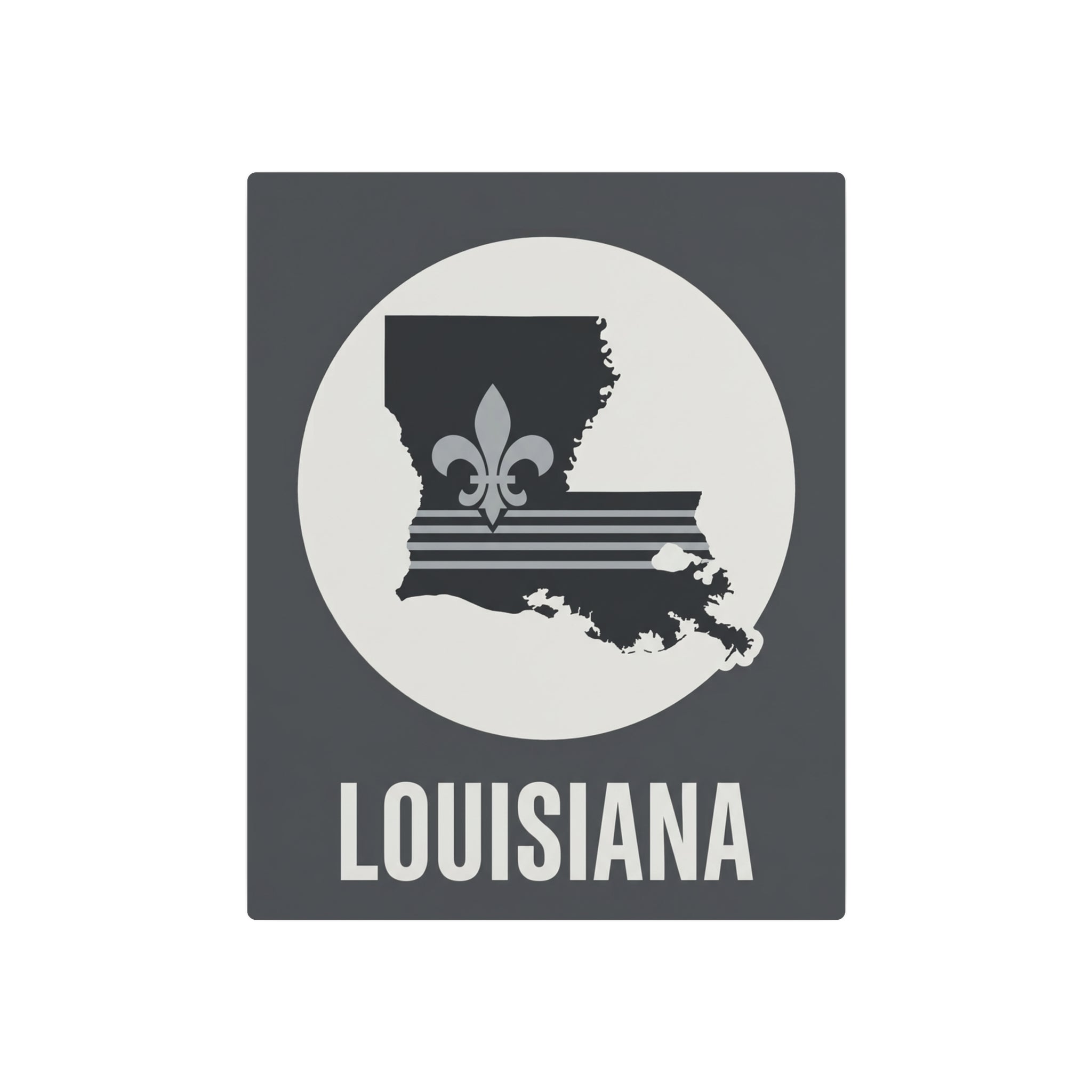 Louisiana metal wall sign, dark gray background with white circle and fleur-de-lis silhouette