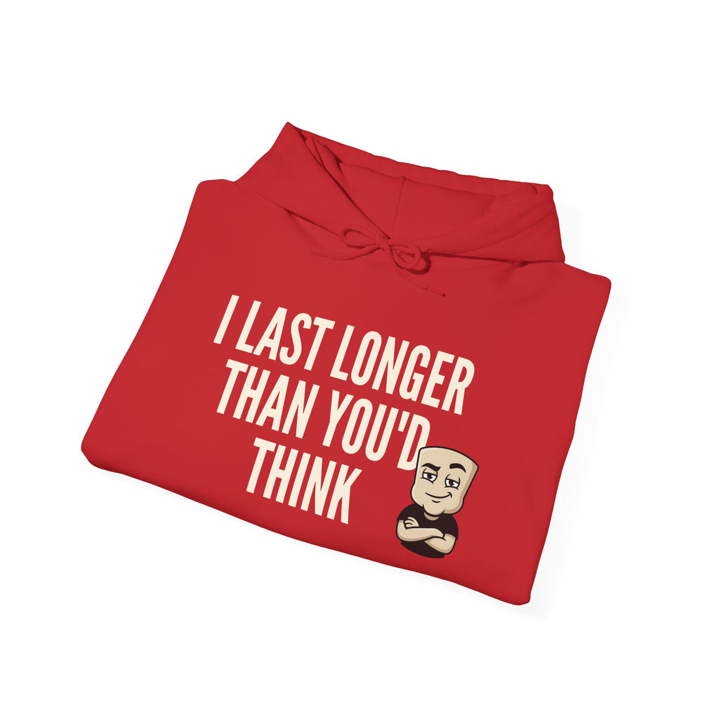 Red hoodie with 'LAST LONGER THAN YOU'D THINK' slogan and bearded face graphic
