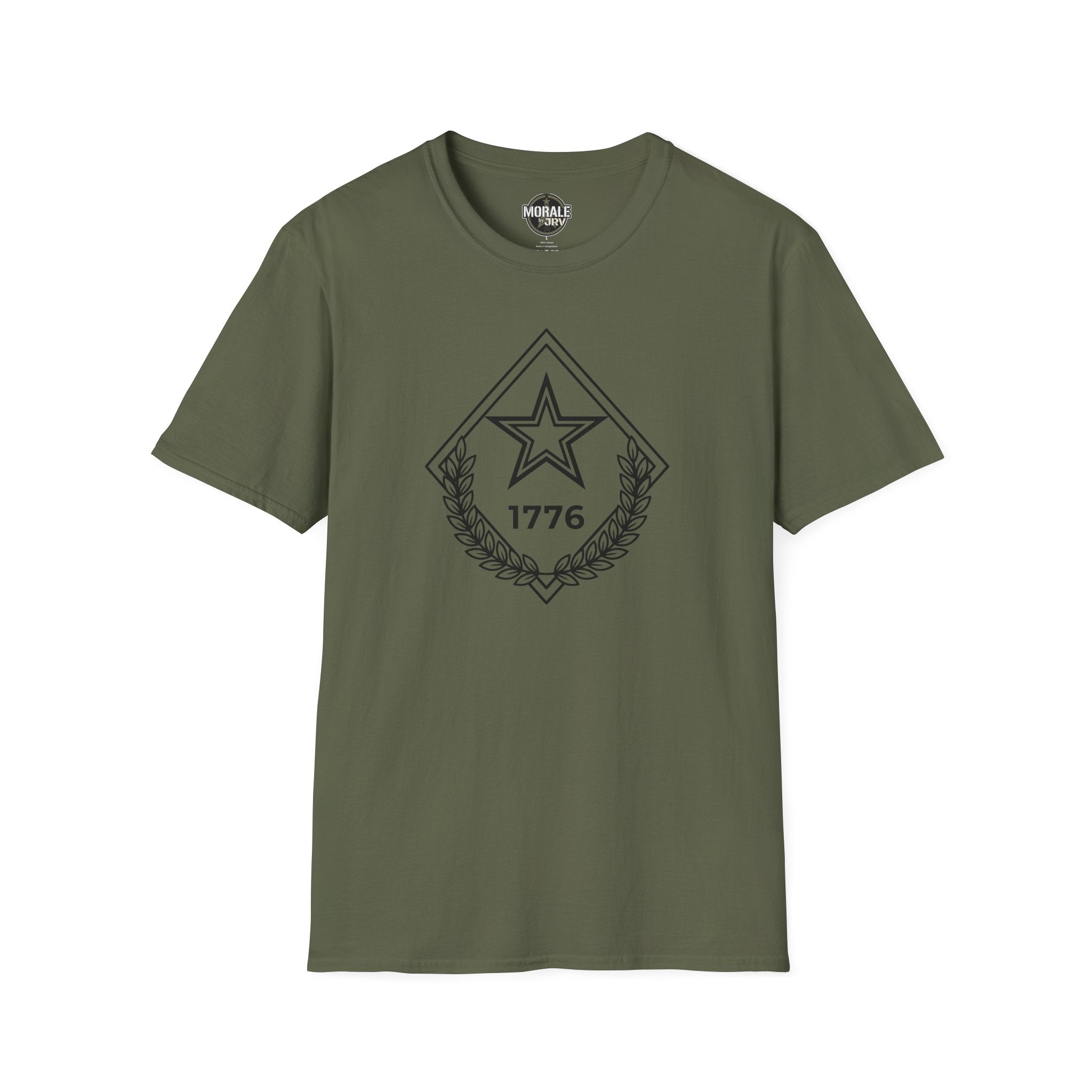 Olive green t-shirt with chest star-and-laurel diamond emblem, 1776 and outlined star design