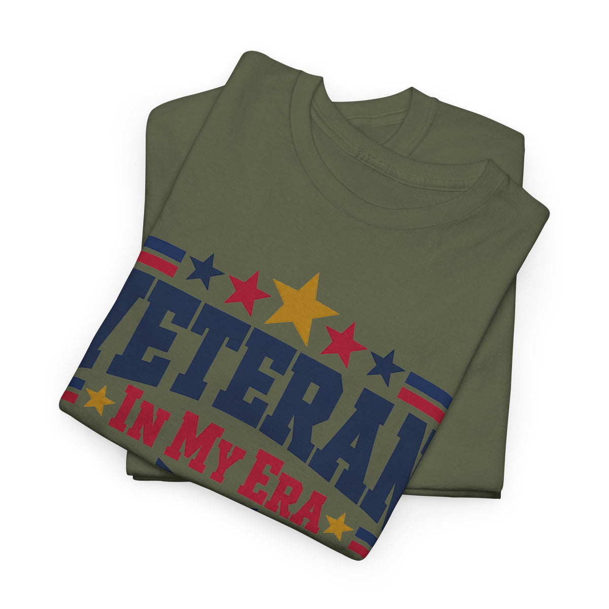Olive green T-shirt with patriotic star and striped graphic print across the chest