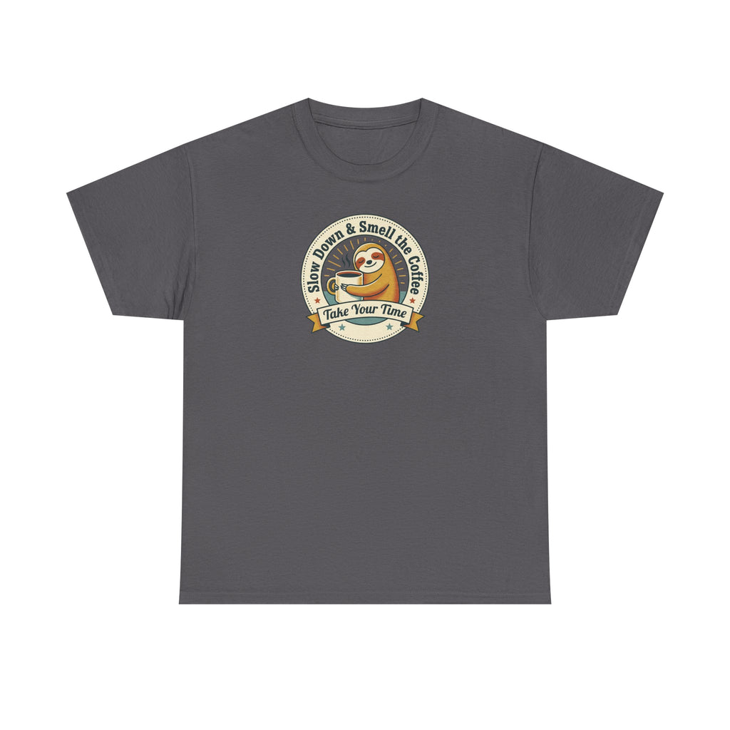 Charcoal sloth graphic T-shirt with circular Take Your Time badge print