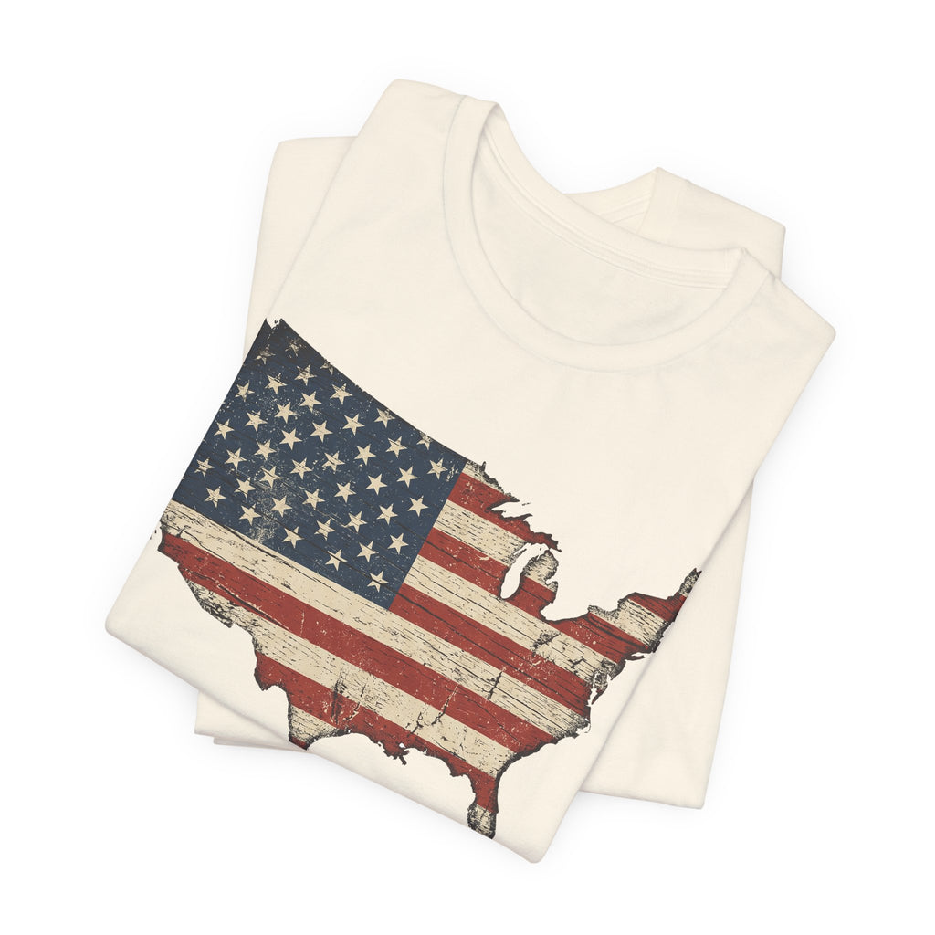 Cream T-shirt with distressed American flag map graphic across the chest