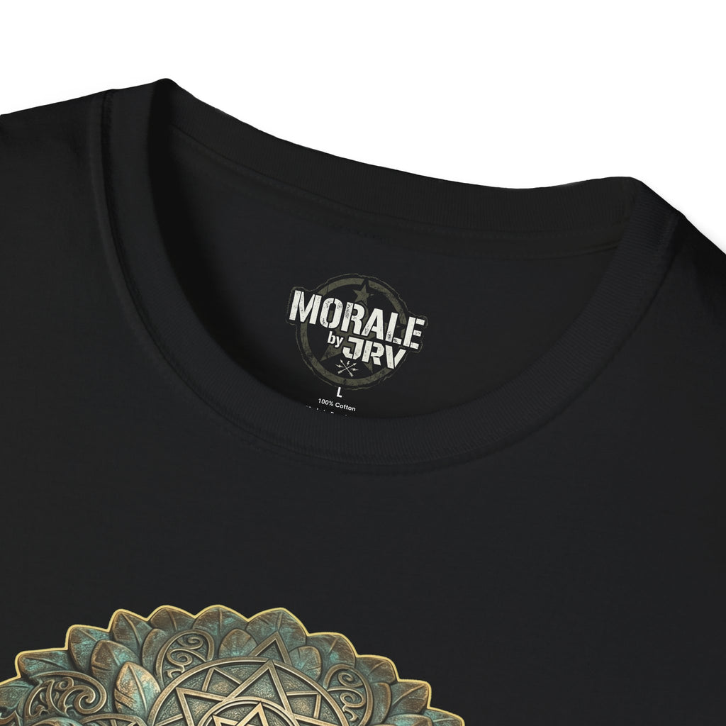 Black T-shirt neckline with small chest logo
