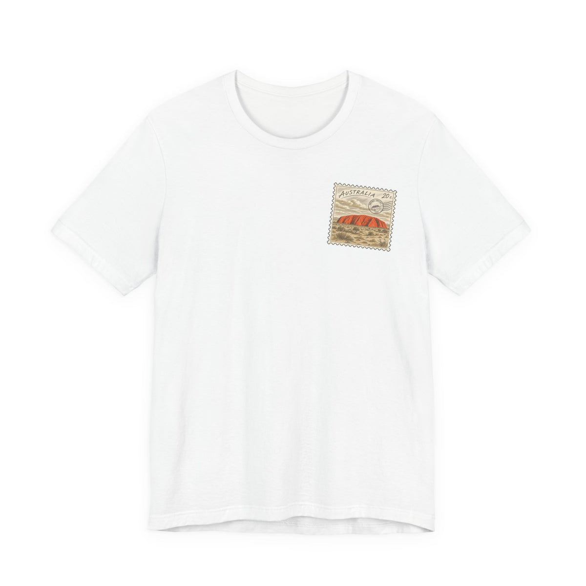 White t-shirt with small vintage postage-stamp style graphic on the chest