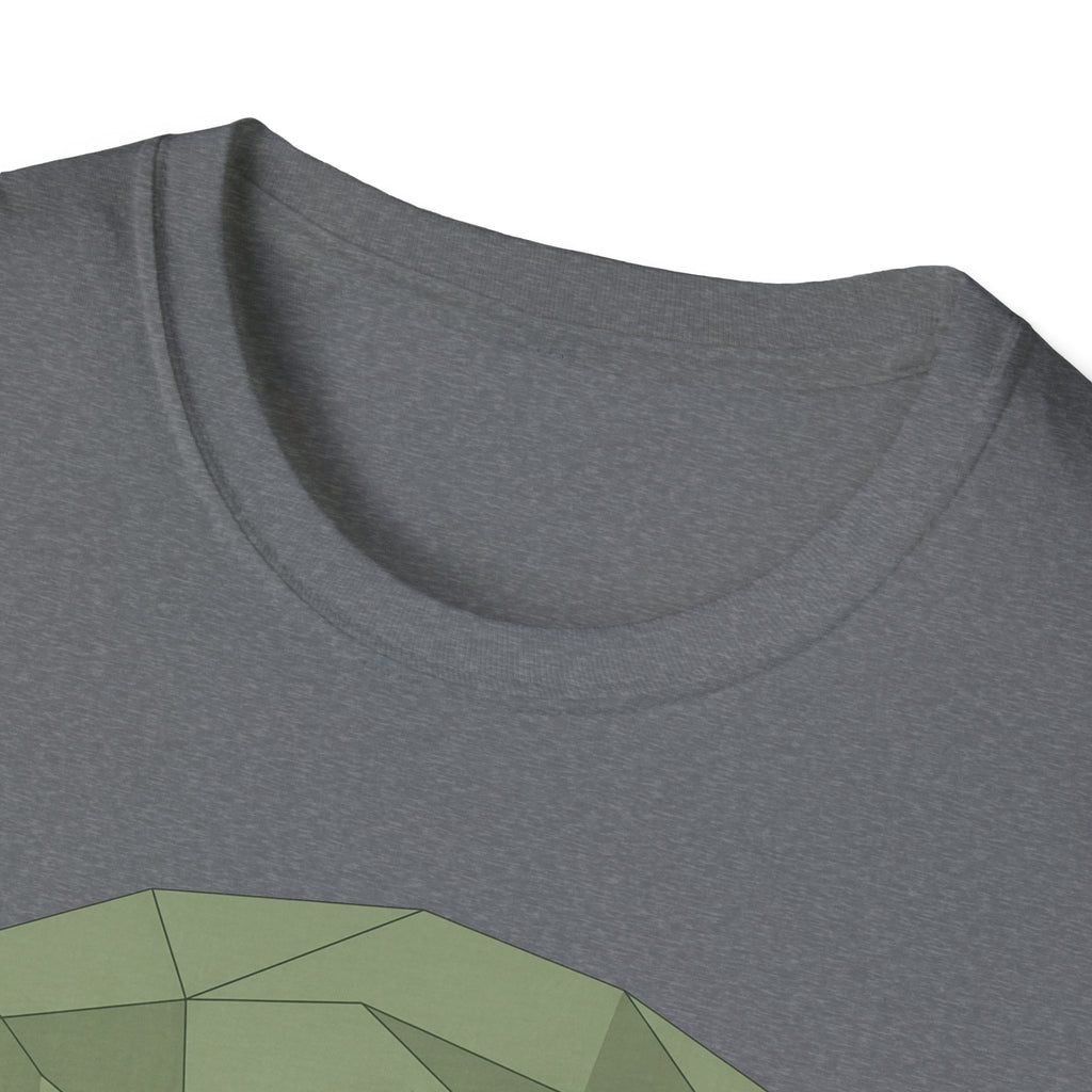 Graphite Heather T-shirt, close-up of geometric tree print at chest