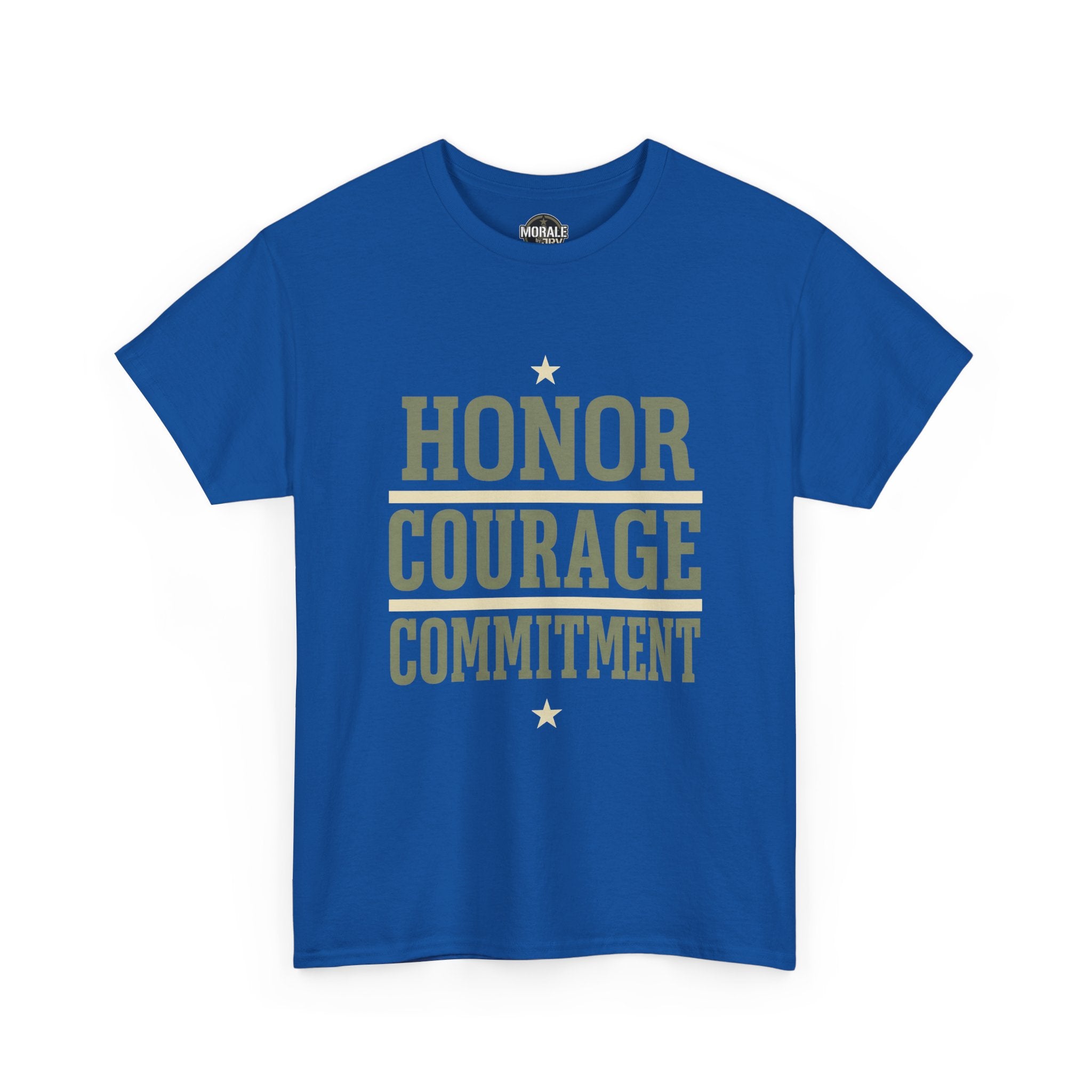 Blue military motto T-shirt with “HONOR COURAGE COMMITMENT” graphic and stars