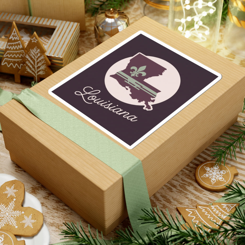 Louisiana silhouette vinyl sticker on gift box lid, mauve emblem with white circle